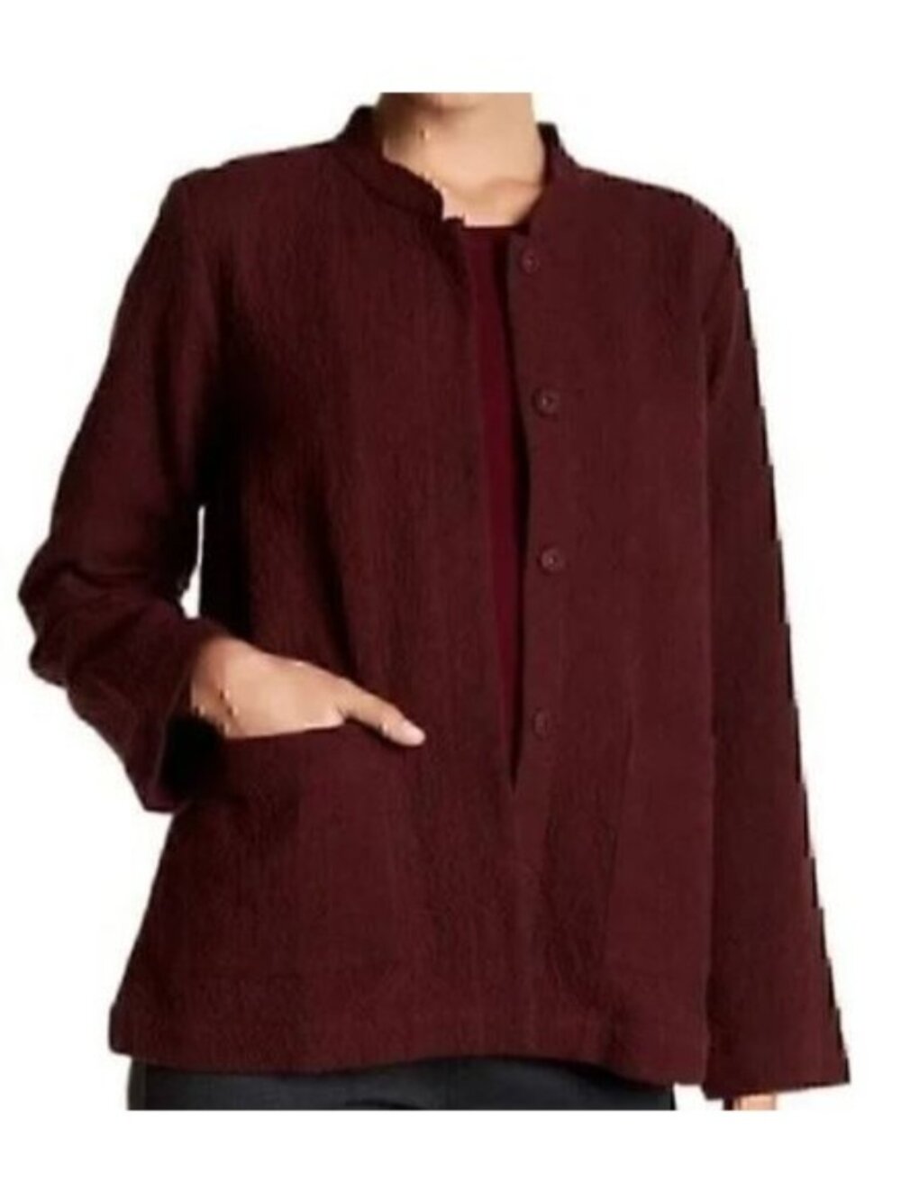 Eileen Fisher Ripple Organic Cotton Jacket Burgundy Wine Mandarin Collar Large